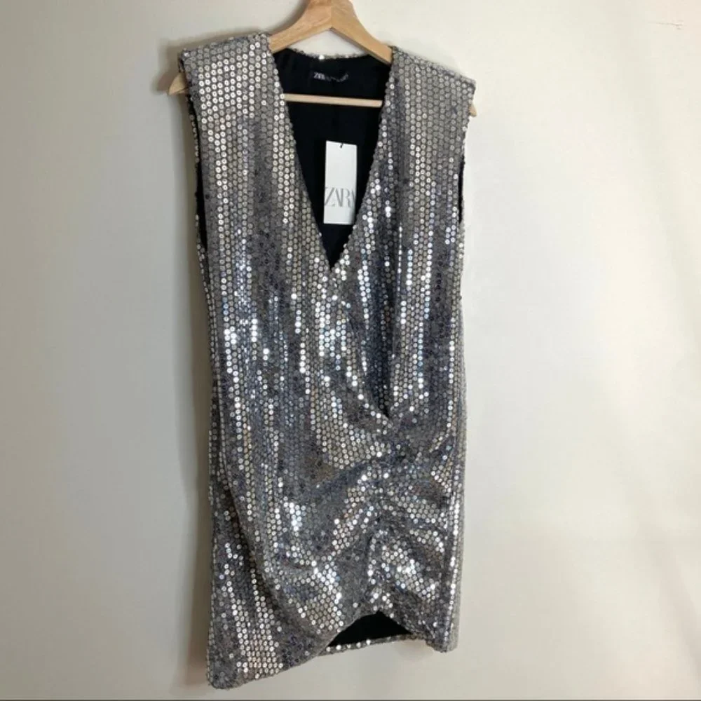 Zara Silver Sequin Mini Dress - Picture 5 of 7